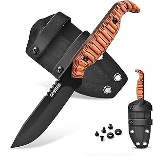 Omesio Outdoor Knife Survival M-FT15, Stal D2 Full Tang Z Kydexową Pochwą Nóż Do Paska, Długość Ostrza 9 Cm Mały Nóż Myśliwski, Czarne Ostrze + Pomarańczowa Rękojeść G10 Dwukolorowy