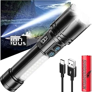 Shadowhawk Latarka LED, ładowana, z wyświetlaczem LCD i światłem bocznym COB, 7 trybów pracy XHM90.2, 1000000 lumenów, bardzo jasna, przenośna latarka taktyczna, mocna lampa błyskowa na kemping