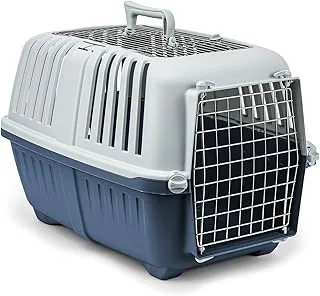 lionto Transporter dla psa z tworzywa sztucznego i kratką metalową, 58,5x35,5x40 cm, z uchwytem i zamknięciem, idealny także dla kota i małych zwierząt, do 15 kg, niebieski