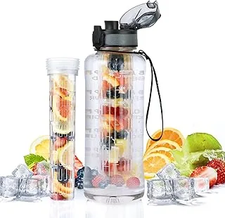 UTEBIT Butelka na wodę z zaparzaczem na owoce, 1,5 l, szczelna, sportowa ze znacznikami czasu, tritan, bez BPA, motywacyjna do fitnessu, siłowni, na rower