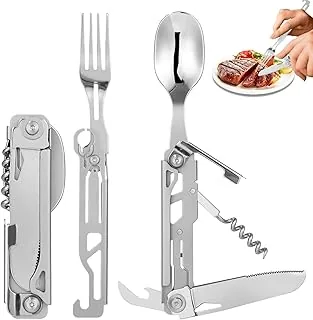 Outdoor Camping Utensil Zastawa stołowa, Sztućce ze stali nierdzewnej 5 w 1 składan,100% bezpieczne dla żywności,przenośny zestaw sztućców ze stali nierdzewnej do podróży, z etui ze sznurkiem