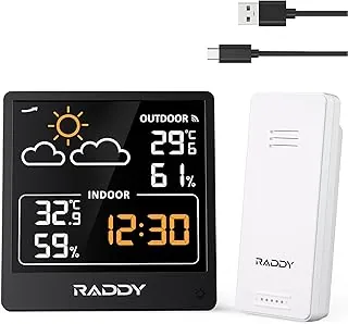 Raddy WF-50V bezprzewodowa stacja pogodowa, Termometr do wnętrz i na zewnątrz, VA 5,0'' wyświetlaczem,USB-C, prognoza pogody, bezprzewodowy czujnik zdalny (czarny)