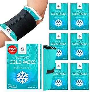 Medi Grade Instant Cold Pack, 8 Sztuk po 100g (11,43 cm x 15,24 cm) – Kompres Chłodzący dla Natychmiastowej Ulgi, bez Zamrażania – Zimne Okłady na Urazy – Torebka chłodząca z Paskiem Stabilizującym
