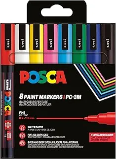 Uni-Ball 186558 - Zestaw markerów POSCA, 8 pisaków akrylowych PC-3M, marker permanentny z okrągłą końcówką 0,9-1,3 mm