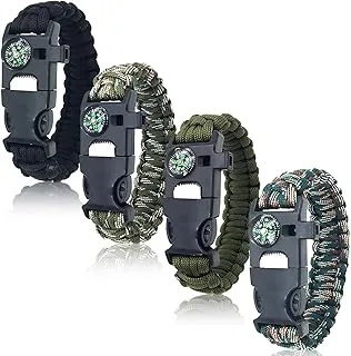 Bransoletki survivalowe zestaw 4 | 5 w 1 bransoletka Paracord z krzesiwem, kompasem i gwizdkiem | wyposażenie awaryjne na kemping, wędrówki, Adjustable (115 inches), Stal nierdzewna