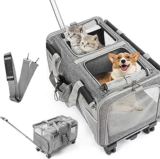 Bardzo duża torba transportowa dla zwierząt domowych z dwoma komorami i kółkami dla kota/psa, zdejmowany składany transporter dla 2 kotów do 20kg, wentylowany duży plecak dla kotów na podróże/wędrówki