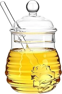 QWORK® 300 ml szklany słoik na miód z łyżką i pokrywką, garnek do miodu i łyżką, na imprezę w kuchni domowej