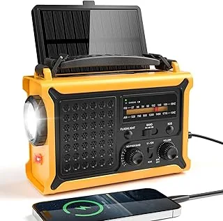 Radio Słoneczne z korbką i Akumulatorem 12000 mAh, Duży panel słoneczny, Radio awaryjne AM/FM z latarką i lampką do Czytania, Wysoka jakość dźwięku, Powerbank na Kemping
