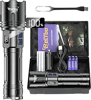 Relybo Latarka LED Ładowana 1,000,000 Lumen, Ekstremalnie Jasna XHM90.2, Mocna Latarka Taktyczna, 2 Przyciski Płynna Regulacji Światła do Outdoor i Sytuacji Kryzysowych