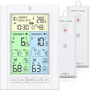 ORIA Cyfrowy termometr do lodówki, termometr do zamrażarki z 2 czujnikami bezprzewodowymi, kolorowy ekran, alarm, maks./min, czas letni, zasilanie bateryjne/USB, do domu, kuchni