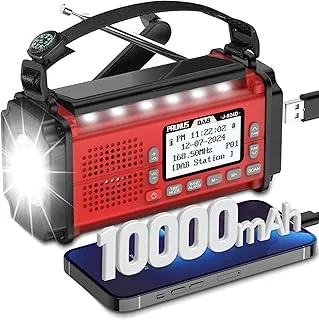PRUNUS J-924 Dab/UKW Radio cyfrowe z funkcją wstępnego wyboru, małe przenośne radio z 10000 mAh Power Bank, Radio słoneczne i baterie, z korbą, latarką, SOS. (czerwony)