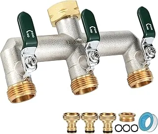 3-drożny dystrybutor wody, 3-drożny rozdzielacz wody, mosiądz niklowany, 3-drożny rozdzielacz do kranu ogrodowego, zielone uchwyty, sześciokątne złącze 3/4 cala z adapterami 1