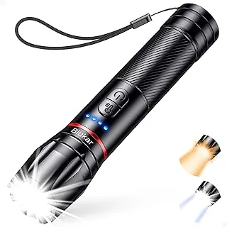 Blukar Latarka LED z 2 temperaturami barwowymi, superjasna latarka z funkcją zoomu, ładowalna, z 10 trybami świecenia, wodoodporna latarka ręczna do użytku na kempingu, w sytuacjach awaryjnych itp