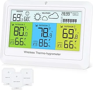 Radiowa stacja pogodowa z 3 czujnikami zewnętrznymi, kolorowy wyświetlacz LCD, radiowa stacja pogodowa z prognozą pogody, ciśnienie powietrza, termometr do wewnątrz i na zewnątrz, termometr