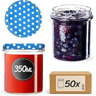 KADAX Słoiki na dżem 350 ml z zakręcaną pokrywką fi82 mm, małe słoiki na przetwory z pokrywką, słoiki na przetwory z pokrywką, słoiki na przetwory do gotowania na dżem i miód (niebieskie kropki, 50