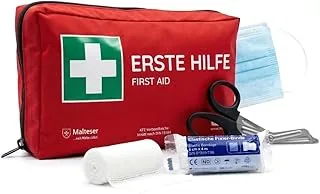 FLEXEO Apteczka samochodowa zgodna z aktualną normą DIN 13164 | obowiązuje w całej Europie, zgodnie z niemieckim prawem o ruchu drogowym | w zestawie 2 medyczne maski na twarz | torba pierwszej pomocy