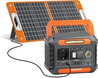 FlashFish przenośna stacja zasilająca 230 Wh z panelem słonecznym 60 W, generator solarny 300 W (szczyt 600 W) z 2 przyłączami DC, 4 portami USB, lampkami LED, awaryjnym agregatem prądu na kemping, w