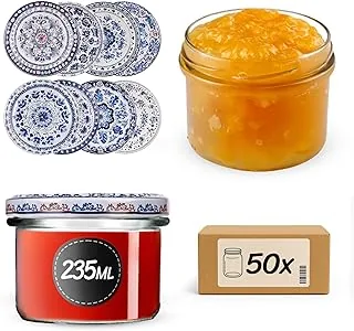 KADAX Słoiki na przetwory 235 ml, z zakręcaną pokrywką fi82 mm, małe słoiki na dżem z pokrywką, słoiki zakręcane na dżemy i miód, słoiki na przetwory ze szkła (niebieskie/białe, 50 sztuk)