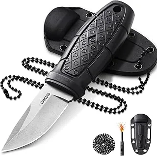 Nóż turystyczny Omesio EDC Outdoor Neck Knife 6 cm Ostrze ze stali 5CR14MOV Wytrzymała rękojeść z PP W zestawie pochwa z ABS, łańcuszek kulkowy, rozpałka i gwizdek Prezent dla miłośników kempingu, węd