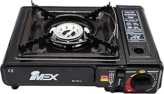 IMEX Przenośna kuchenka gazowa z zapłonem piezoelektrycznym – kuchenka butanowa na kemping, do aktywności na świeżym powietrzu i festiwalu – moc 7650 BTU 2,2 kW, walizka transportowa – model BK-167-A