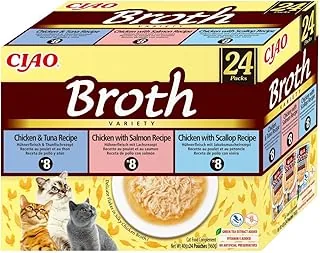 INABA CIAO Rosół dla kotów w 3 smakach, mokra karma z kurczaka, łososia, tuńczyka i przegrzebka - 24 torby x 40 g - karma dla kotów bez konserwantów i sztucznych barwników
