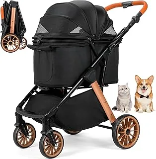MAMIZO One-Touch Składany wózek dla psa, wózek dla kota, do 25 kg, rama z aluminium i stali węglowej, uchwyt z regulacją wysokości, uchwyt na kubek, 4 szt. 360°, kółka, dla psów i kotów, czarny