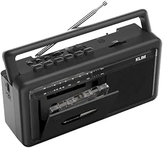 KLIM Przenośny odtwarzacz kasetowy Boombox, radio AM/FM, radio Bluetooth, odtwarzacz kasetowy i magnetofon, USB, głośnik, gniazdo słuchawkowe, zasilanie bateryjne i zasilanie sieciowe - czarny