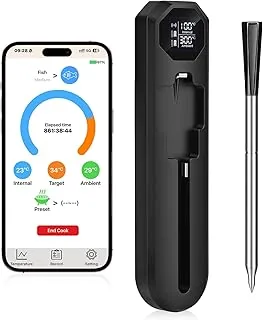 Dreamhigh Termometr do grilla Bluetooth z aplikacją, bezprzewodowy termometr do mięsa, możliwość ponownego ładowania, zasięg 150 m, cyfrowy termometr do smażenia z sondą 3,3 mm, zakres temperatur od