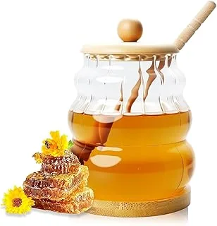 Szklany słoik na miód, 450 ml, duży otwór na miód, łyżka i pokrywka z formowanego drewna jednoczęściowego, do przechowywania miodu, soku i syropu (przezroczysty)