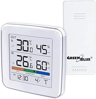 GreenBlue GB169 bezprzewodowa stacja pogodowa z czujnikiem zewnętrznym: temperatura wewnątrz i na zewnątrz, wilgotność powietrza, budzik, alarm, wskaźnik komfortu, wyświetlacz LCD, zasięg 60 m