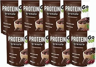GO ON - Granola proteinowa 8×300 g, musli bez cukru, chrupiące płatki zbożowe z białkiem roślinnym, zdrowe śniadanie, bez tłuszczu palmowego, brownie z wiśnią